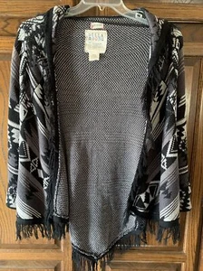 Billabong Open Front Fringe Cardigan Sweater Small Black White Gray Aztec Print - Picture 1 of 15