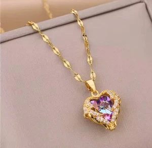 Colourful Crystal Heart Pendant Necklace Golden Stainless Steel 17+2” Pouch - Picture 1 of 5