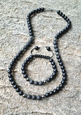 Schwarz Onyx Perlenkette Armband Set Lava Herren kette Kristallkette Geschenk - Bild 1 von 4