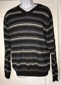 Pronto Uomo Men's Sweater size L Cotton Cashmere Vee neck. Gray/stripes. - Bild 1 von 11