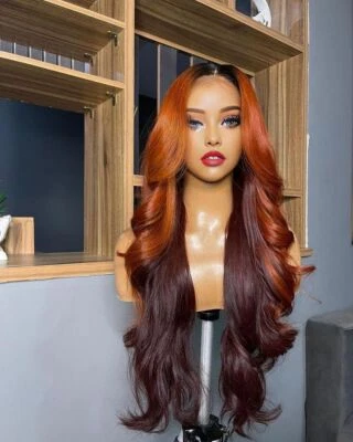 Peluca de cabello humano 100 % frontal de encaje con onda larga de naranja a borgoña Foto 1 de 4