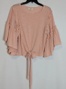 UMGEE Peach Knit Ruffled, Tie-Waist Top; 3/4 Tiered Bell Sleeves; Size S - Picture 1 of 5