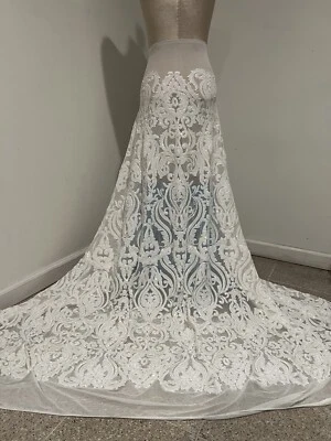 White  4way stretch sequins Embroidery Mesh Lace fabric 50” Width 1 Yard - Image 1 of 4
