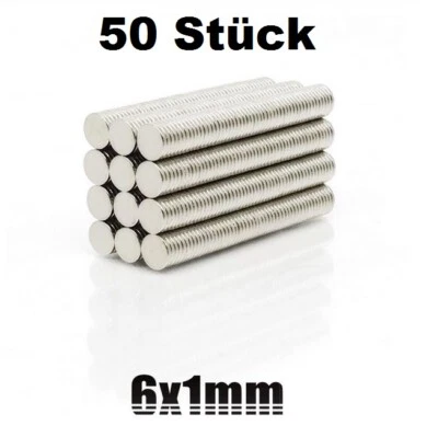 50x Mini Magnet 6 x 1mm Teller flach dünn klein rund Starkmagnet 50 N35 Scheibe - Bild 1 von 3