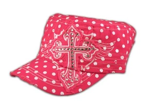 Cross on Pink Polka Dot Cadet Cap Military Hat Distressed Visor - Picture 1 of 4