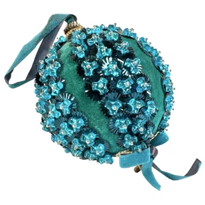 Vtg 1970s Handmade Teal Push Pin Ornament Beaded Sequin 4" Plays Jingle Bells - Picture 1 of 9