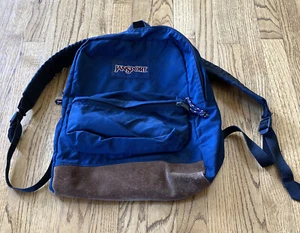 Vintage Jansport Backpack Blue With Leather Bottom Hiking Travel - Picture 1 of 7