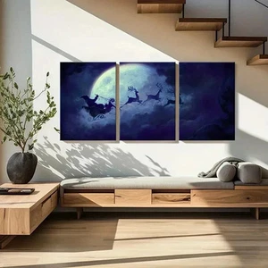 3pcs Santa Claus And Reindeer Under The Moon Wall Art Canvas Framed 50x70cm - Bild 1 von 3