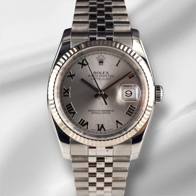 Rolex Datejust 36mm Steel White Gold Silver Roman Dial Mens Watch 116234 - Image 1 of 4