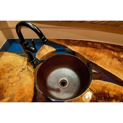 Fregadero de barra de cobre martillado redondo de 14 pulgadas con apertura de drenaje de 2 pulgadas aceite frotado bronce Cla Foto 1 de 4