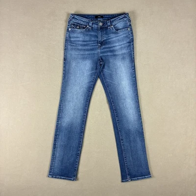 Pantalones de mezclilla rectos True Religion Billie tiro medio para mujer 30 bolsillos azules con solapa Foto 1 de 4