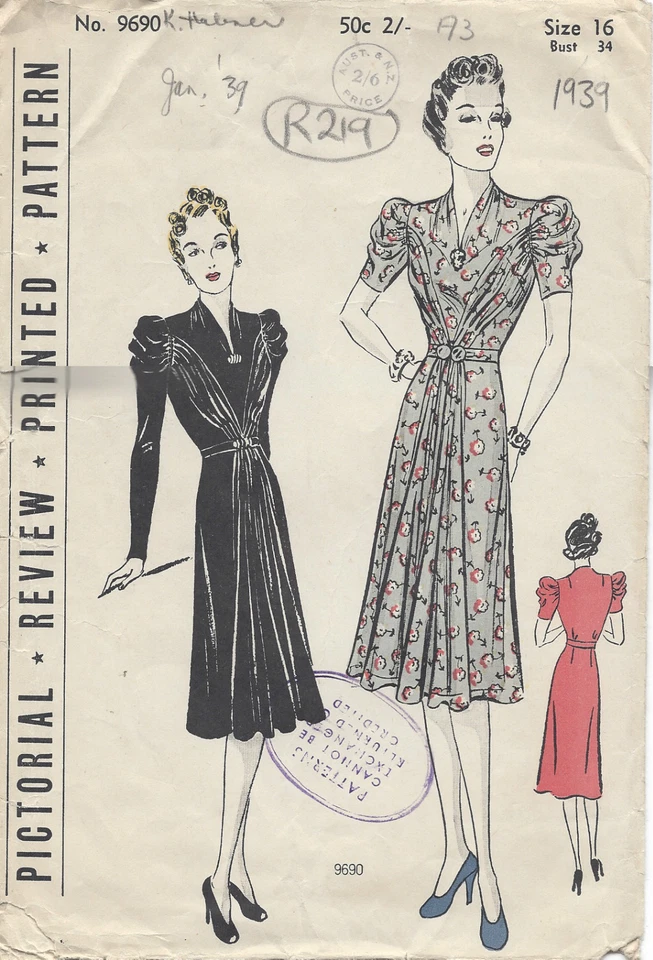 1939 Vintage Sewing Pattern B34" DRESS (R219)  - Image 1 of 1
