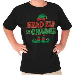 Christmas Head Elf in Charge Funny Xmas Joke Youth Crewneck T Shirts Boy or Girl - Picture 1 of 7