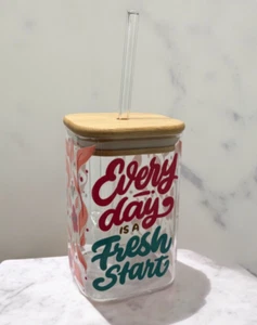 20oz Square Mug/Cup, Trendy Iced Coffee Tea Soda Drinking Glass Bamboo Lid Straw - Picture 1 of 11