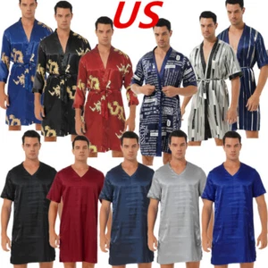 Herren Satin Kimono Bademantel Nachthemd Kurzarm Lose Hemden Tops Nachtwäsche - Bild 1 von 97