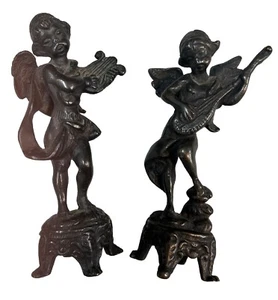 "Par de esculturas de bronce de 6"" de ángeles querubines instrumentos de juego Art Nouveau" - Imagen 1 de 10