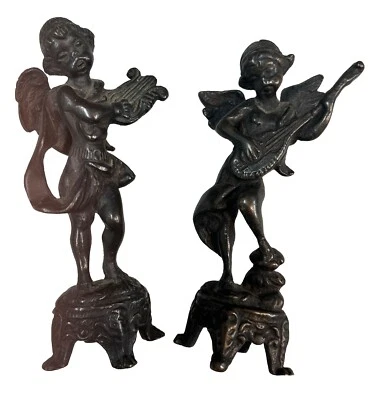 "Par de esculturas de bronce de 6"" de ángeles querubines instrumentos de juego Art Nouveau" Foto 1 de 4