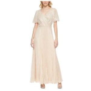 NUEVO CON ETIQUETAS $249 DKNY Vestido de Gasa Lentejuelas Adornado Plisado Vainilla Marfil Talla 14 - Imagen 1 de 8