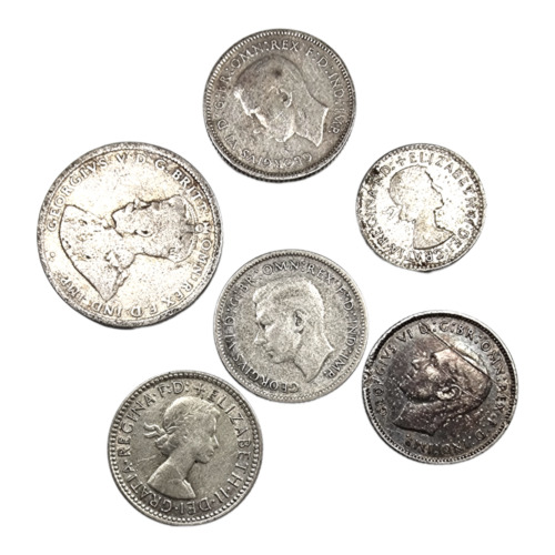 Australia Set 6 Currencies Silver 3-6 Pence / Shilling George V,Vi,Elizabeth Ii