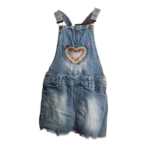 Cat and Jack Girls Dress SZ 10 Blue Denim Overalls Heart Embroidered Casual - Picture 1 of 9