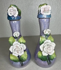 (2) Vintage German Elfinware Floral Perfume Bottles Purple Iridescence w/Roses - Picture 1 of 17