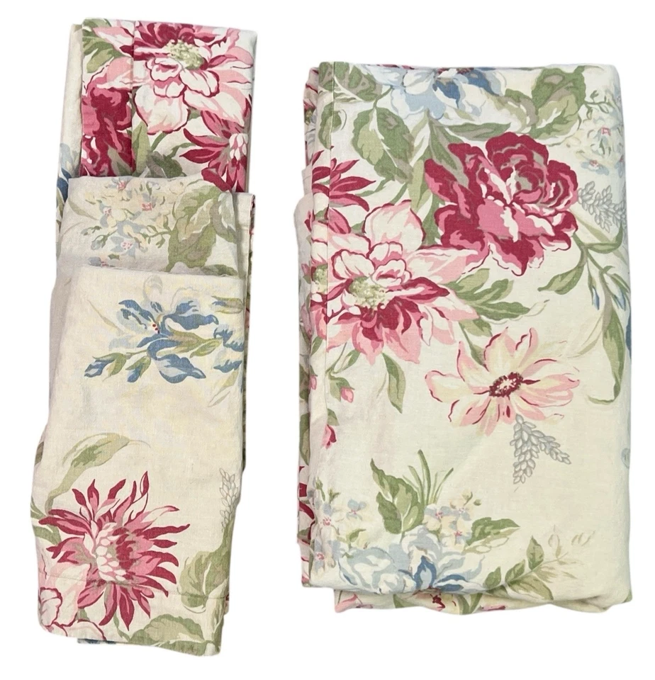Pottery Barn Marla Duvet King Linen Cotton Floral Cottage Shabby Rose Peony 4 Pc - Image 1 of 4