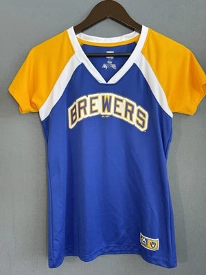 Camiseta deportiva para mujer mediana Milwaukee Brewers cuello en V azul/naranja majestuosa  Foto 1 de 4