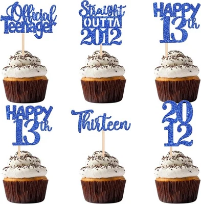 30 PCS 13th Birthday Cupcake Toppers Glitter Thirteen Happy 13 Straight Blue  - Imagem 1 de 4