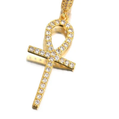 Ankh Cross Bling Hip Hop Men Iced Flooded Brass Huggie Hoop Earrings A9359 - Image 1 of 4