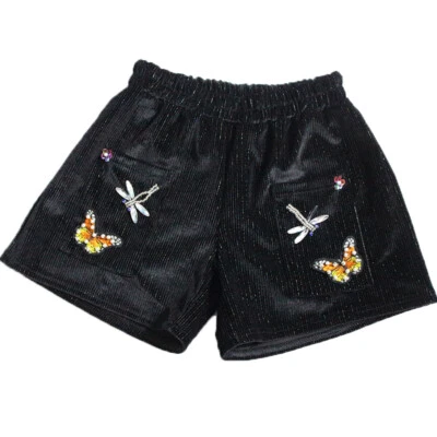 Women Corduroy Crystal Beads Shorts Pants Butterfly Dragonfly Loose Casual - Image 1 of 4