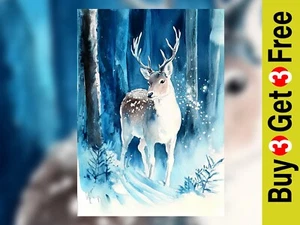 Calm Deer in Snowy Woods Painting 5"x7" Print on Matte Paper Woodland Art - Picture 1 of 18