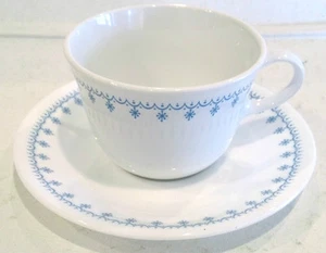 Corelle Livingware by Corning Flat Cup and Saucer – Snowflake-Blue Pattern - Picture 1 of 2