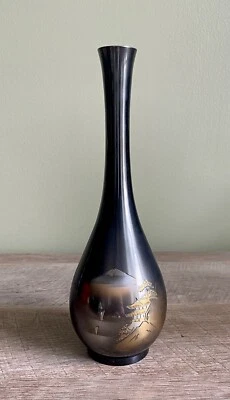 Vintage Japanese Chokin Bronze/Brass/Copper Etched Metal Bud Vase Fuji Pagoda - Image 1 of 4