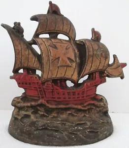 Antique Cast Iron Galleon Spanish Ship Doorstop with Original Paint - Picture 1 of 5