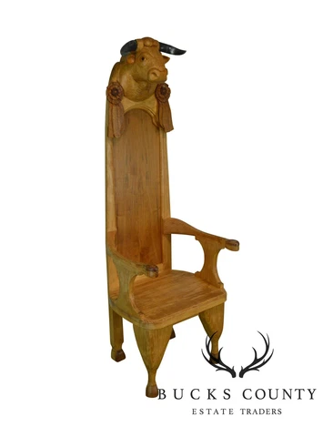 Hand Carved Bull Head with Horns Throne Chair Cover