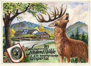WALDGASTHOF LAUKENMÜHLE im WISPERTAL - OriginalFarbZeichnung mit HIRSCH um 1935 - Picture 1 of 1