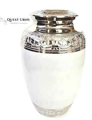 New !! Brass Adult Cremation / Memorial Urn for Ashes - Pearl White - Image 1 of 3