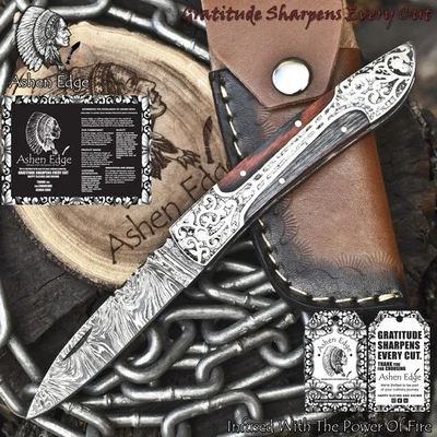 Cuchillo Plegable Ashen Edge Twist Damasco Grabado Madera Dura Foto 1 de 4
