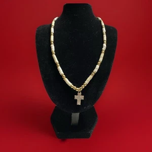 Vintage Boho Shell Heishi Necklace Gold Cross Pendant Mother-of-Pearl Inlay - Picture 1 of 8