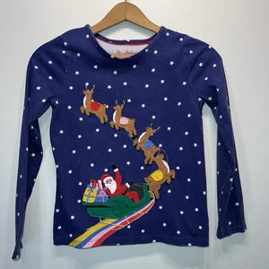 Mini Boden Christmas Santa Sled Reindeer Applique Tee LS Shirt Top Cotton 9-10Y - Picture 1 of 6