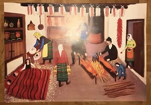 VINTAGE BIG ORIGINAL NAIVE ART POSTER PRINT-JANKO BRAŠIĆ “RELIGIOUS HOLIDAY EVE” - Picture 1 of 11