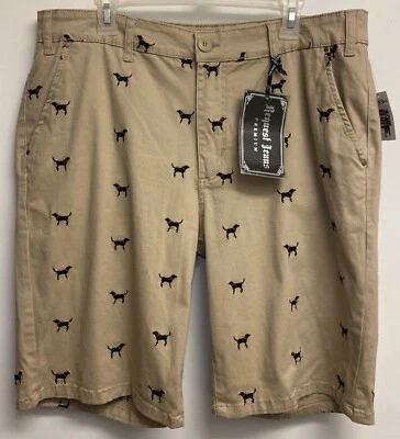 NUEVO CON ETIQUETAS Pantalones Cortos Caqui Tostado Negro Labrador Perro y Cuello Rojo Para Hombre 38X11 SOLICITAR JEANS Foto 1 de 4