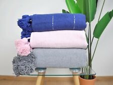  Moroccan Pom Pom Tassel blanket, Off  Pink blue Gray and white in Silver