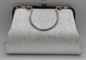 VTG Hardside Shiny Silver Lame' Evening Bag Box Purse w/Hinged Handle & Clasp - Picture 1 of 8