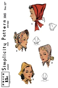 Simplicity 3065 Pattern Bonnet 3 Style HATS 1940's UN-PRINTED 22" - Picture 1 of 8