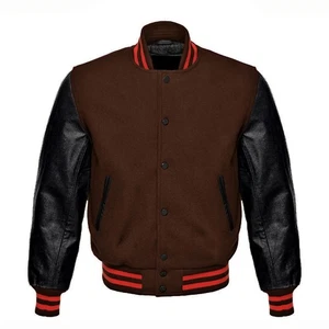 Brown Varsity Jacket Black Leather Sleeves – Red Trim Wool Letterman Coat - Picture 1 of 4