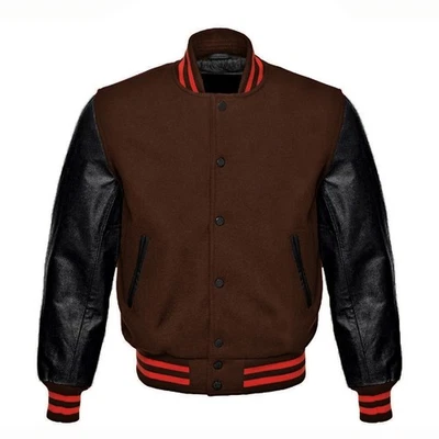 Brown Varsity Jacket Black Leather Sleeves – Red Trim Wool Letterman Coat - Image 1 of 4
