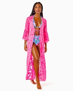 Lilly Pulitzer Aura Pink Poly Krepp Swirl Clip Motley Maxi Cover-Up Kleid L Neu mit Etikett - Bild 1 von 5