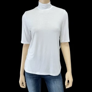 Calvin Klein Top Women Medium White Turtleneck Short Sleeve Liquid Jersey NWT - Picture 1 of 15
