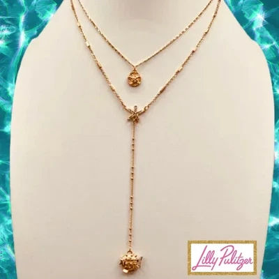 LILLY PULITZER NECKLACE NWT SEASCAPE STARFISH PUFFER-CHARM LAYERED GOLD CHAIN - Image 1 of 4